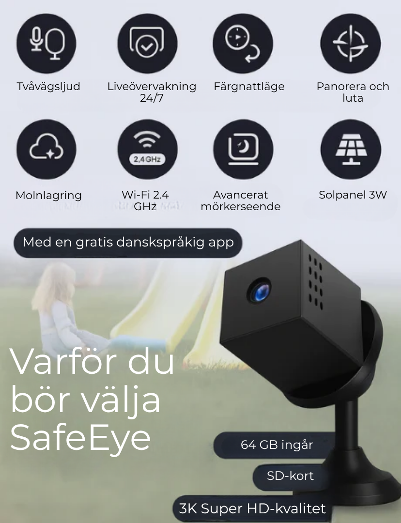 SafeEye™ | Fullständig säkerhet – inga kablar, WiFi eller komplikationer